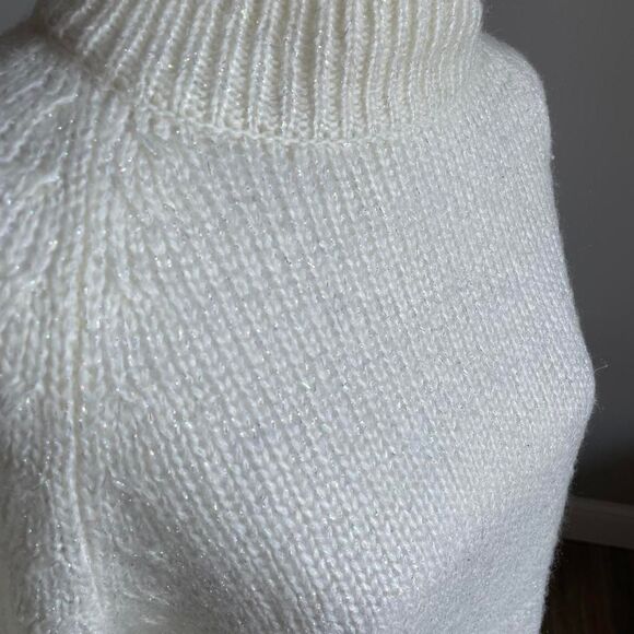 Cream Metallic Knit Turtleneck Sweater Pockets Women's Medium Retro Cozy Bling - Picture 5 of 6